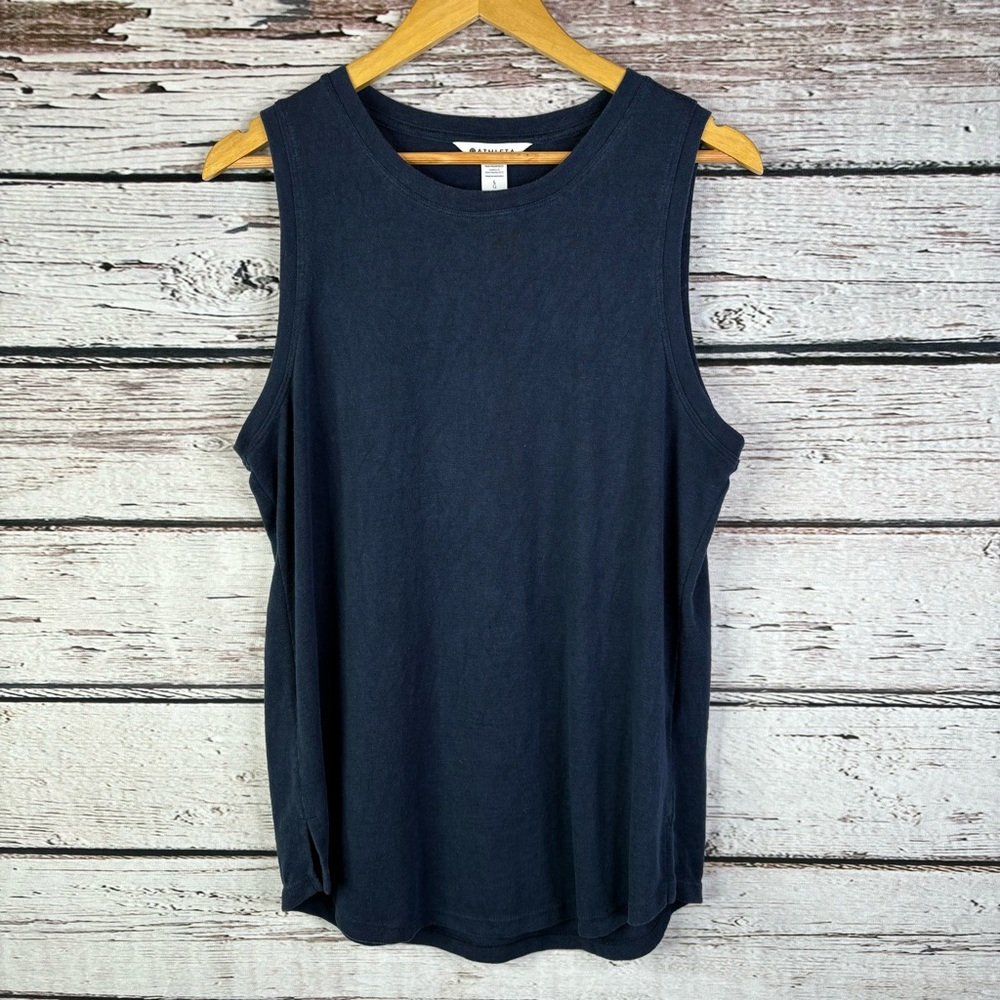Athleta Size Large Breezy Tank Navy Blue Relaxed Fit High Neck Breathable Top